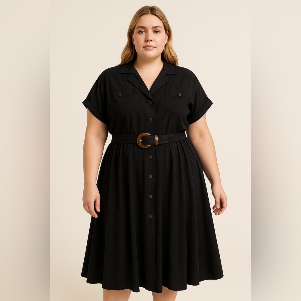 Vintage G Collection Black Cotton Shirt Dress USA 18 Belted Midi Fit & Flare